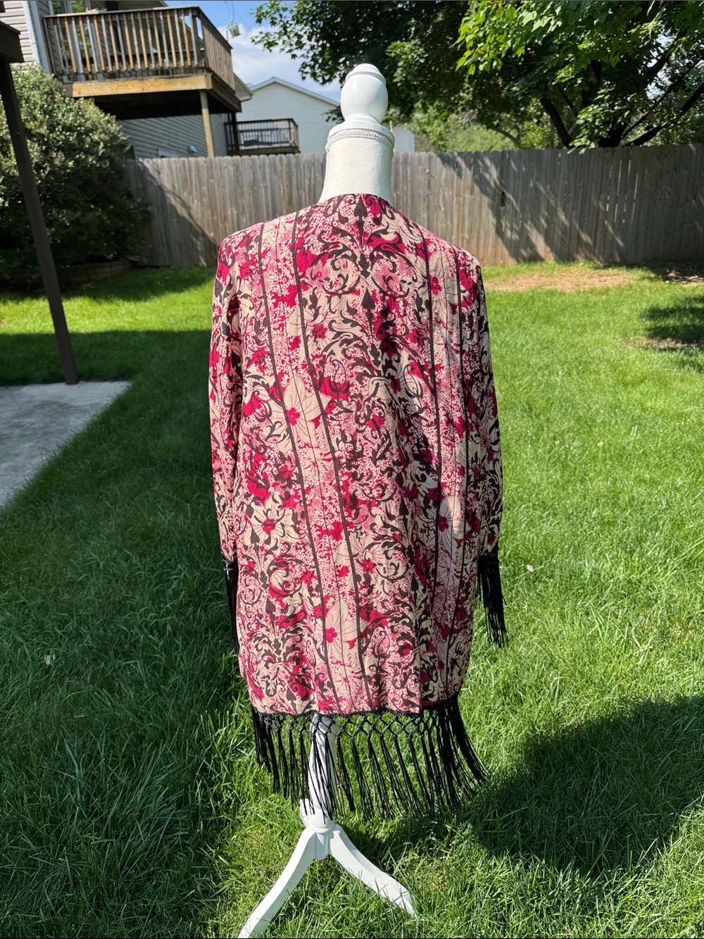 Tanzara wine & tan rayon kimono with fringe S - Picture 3 of 10
